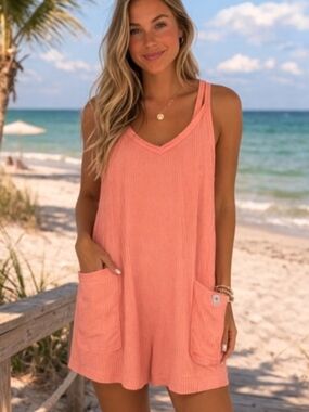 Simply Southern Peach V-Neck Swim Cover Romper